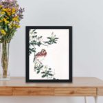 Discover the beauty of a Japanese Long-tailed Rosefinch in this vintage art print by Numata Kashu,placed on the wall