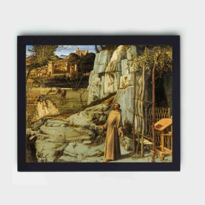 Spiritual beauty of Saint Francis in the Desert by Giovanni Bellini,mounted on the wall with black frame