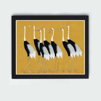 vintage art print of a traditional Japanese red-crowned crane flock by Ogata Korin, framed and placed on the wall