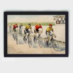 This vintage "Wheelman in A Red Hot Finish" art print by John Cameron,hung on the wall with black frame