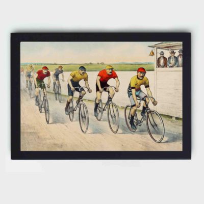 This vintage "Wheelman in A Red Hot Finish" art print by John Cameron,hung on the wall with black frame