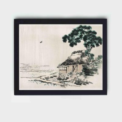 Escape to a peaceful countryside scene with this vintage art print of a Cottage by Kono Bairei,placed on the wall