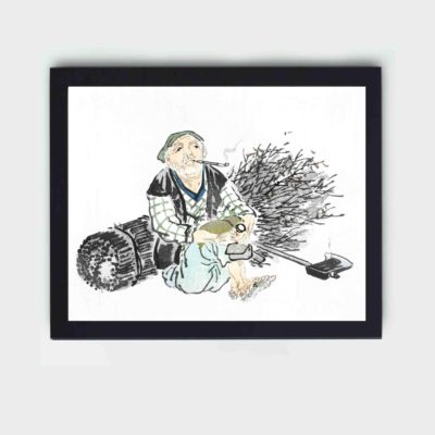 Discover the timeless charm of a Smoking Farmer in this vintage art print by Kono Bairei,placed on the wall