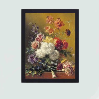 Vibrant floral still life by van Os. Vintage art print,framed and placed on the wall