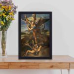 vintage art 'War in Heaven' from the 1800s,Framed vintage art suitable for classic and historical wall decor, placed on the table with black frame