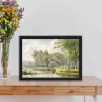 Serene vintage landscape art print. Figures in a rowing boat by van os,mounted on a table with black frame