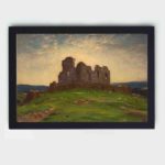 Unveil the mystery of this vintage ruined building landscape art print,displayed on the wall