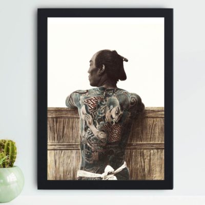 Stunning high-res print of tattooed Japanese man by Kusakabe Kimbei,mounted on the wall