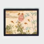 This captivating vintage art print featuring bats, rocks, and flowers,mounted on the wall