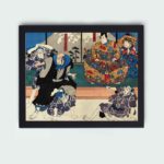 Japanese history with this stunning Ukiyo-e diptych,the dynamic world of samurai warriors in this vintage art print by Utagawa Kuniyoshi,framed and placed on the wall