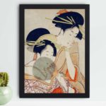 Utamaro's captivating Chojiya Hinazuru Hinamatsu. Elegant Japanese courtesans in vibrant colors,framed and placed on the wall