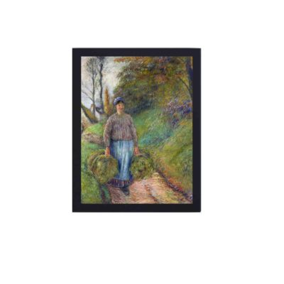 This vintage art print of "Peasant Woman Carrying Two Bundles of Hay" by Camille Pissarro. Painted in 1883,mounted on the wall with black frame