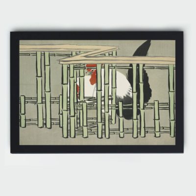 Stunning vintage art print featuring Roosters from Kamisaka Sekka's renowned "Momoyogusa",mounted on the wall with black frame