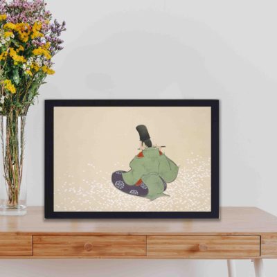 this stunning vintage art print of a flute player from Momoyogusa Flowers of a Hundred Generations,displayed on a table