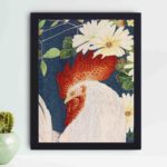 Enhance your decor with this stunning vintage art print showcasing a rooster pattern on kimono fabric,hung on the wall