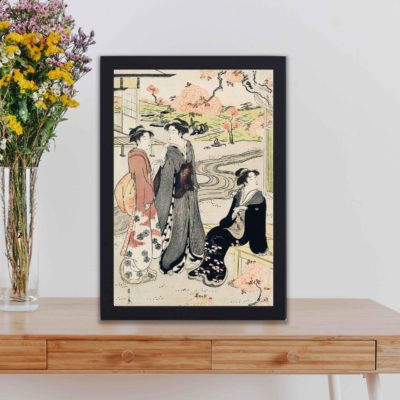 Elevate your space with "Nina no Hanami," a stunning high-res vintage art print featuring a kimono-clad woman amidst cherry blossoms,black frame is placed on a table.