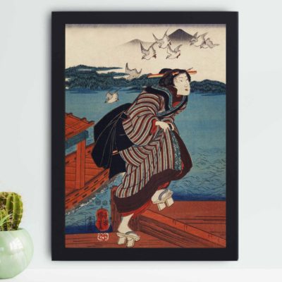 Discover the beauty of Edo-period Japan. Sanbashi no Onna art print. Stunning ukiyo-e by Kuniyoshi, hung on a grey background wall