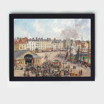 Vibrant energy of a bustling fish market with Camille Pissarro's iconic art print,placed on the wall