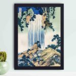 vintage art print featuring "Waterfall in Mino Province" by Katsushika Hokusai (1760-1849), black frame is placed on the wall