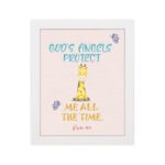 Infidu wall art featuring a cute giraffe with Psalm 91:11 'God's Angels Protect Me All The Time' in the blue and orange text hung on the wall in a white frame