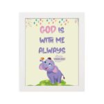 Colorful wall art featuring a cartoon elephant and the text 'God Is With Me Always' inspired by Matthew 28:20. hung on the wall in a white frame