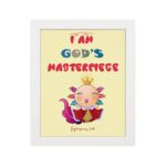 I Am God's Masterpiece wall art with a cartoon character and flowers, inspired by Ephesians 2:10, on a light yellow background. hung on the wall in a white frame