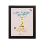 Infidu wall art featuring a cute giraffe with Psalm 91:11 'God's Angels Protect Me All The Time' in the blue and orange text hung on the wall in a black frame