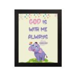 Colorful wall art featuring a cartoon elephant and the text 'God Is With Me Always' inspired by Matthew 28:20. hung on the wall in a black frame