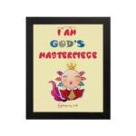 I Am God's Masterpiece wall art with a cartoon character and flowers, inspired by Ephesians 2:10, on a light yellow background. hung on the wall in a black frame