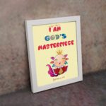 I Am God's Masterpiece wall art with a cartoon character and flowers, inspired by Ephesians 2:10, on a light yellow background. displayed on the wall in a white frame