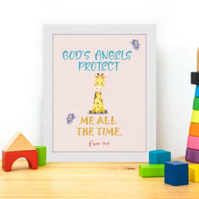 Infidu wall art featuring a cute giraffe with Psalm 91:11 'God's Angels Protect Me All The Time' in the blue and orange text displayed on the table in a white frame