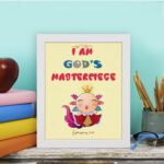 I Am God's Masterpiece wall art with a cartoon character and flowers, inspired by Ephesians 2:10, on a light yellow background. displayed on the table in a white frame