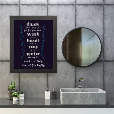 Infidu Flush The Toilet Bathroom Wall Art with Navy Blue Background and White Light Blue Text hung on the wall in the bathroom a black frame