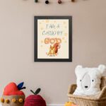 Wall art featuring a cartoon squirrel and the phrase I Am A Child Of God, inspired by John 1:12, on a light yellow background. displayed on the wall in a black frame