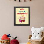 I Am God's Masterpiece wall art with a cartoon character and flowers, inspired by Ephesians 2:10, on a light yellow background. displayed on the wall in a black frame