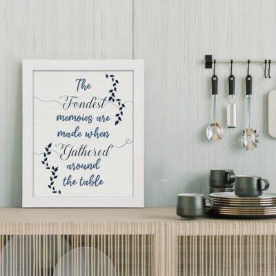 Elegant kitchen wall art with an off-white background, blue floral patterns, and the quote "The Fondest Memories Are Made When Gathered Around The Table." displayed on the table