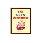 I Am God's Masterpiece wall art with a cartoon character and flowers, inspired by Ephesians 2:10, on a light yellow background. hung on the wall in a brown frame