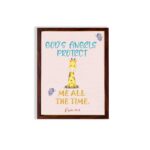 Infidu wall art featuring a cute giraffe with Psalm 91:11 'God's Angels Protect Me All The Time' in the blue and orange text hung on the wall in a brown frame