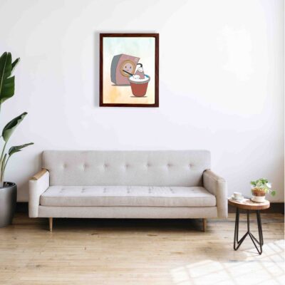 Cartoon-style laundry room wall art with a washing machine and bucket on a light beige background, featuring light brown, red, and white colors. a sofa below the wall art.