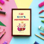 I Am God's Masterpiece wall art with a cartoon character and flowers, inspired by Ephesians 2:10, on a light yellow background. displayed on the wall in a brown frame in a colorful background