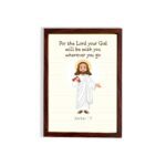 Jesus holding a staff with the verse For the Lord your God will be with you on cream background wall art for kids. hung on the wall in a brown frame