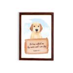 He Has Called Me By Name And I Am His Isaiah 43:1 wall art with a golden retriever and wooden sign for kids' room decor. hung on the wall in a brown frame