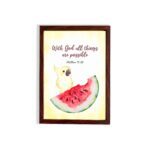 With God, All Things Are Possible Matthew 19:26 Bible Verse Wall Art featuring a bird and watermelon design for kids. hung on the wall in a brown frame