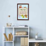 Bible verse wall art for kids with Matthew 11:28 and cartoon animals on a light blue background. displayed on the wall in a brown frame