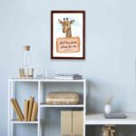 Jeremiah 29:11 Bible verse wall art featuring a cheerful giraffe on a sky-blue background, designed for children's rooms. displayed on the wall in a brown frame