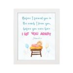 Baby in a crib with pastel balloons and Jeremiah 1:5 Bible verse, Before I Formed You in the Womb. Wall art for kids' room decor. hung on the wall in a white frame