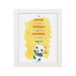 Be Joyful in Hope, Patient in Affliction, Faithful in Prayer Bible verse wall art with a cute cartoon panda in bright colors. hung on the wall in a white frame