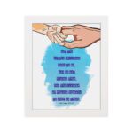 Wall art depicting two hands holding each other with the verse Let the little children come to me in blue text on a watercolor background. hung on the wall in a white frame