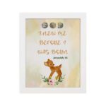 Artwork of a baby deer with flowers and the verse God knew me before I was born in warm colors. Perfect for children's decor. hung on the wall in a white frame