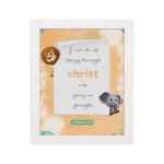 I Can Do All Things Through Christ Philippians 4:13 Bible Verse Wall Art featuring a lion and elephant for kids' room decor. hung on the wall in a white frame